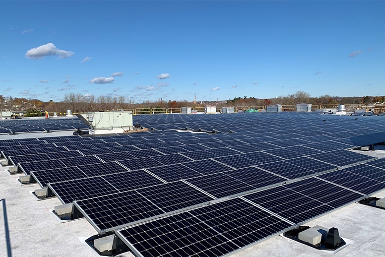 Solar panels covering the roof of Gemline's building